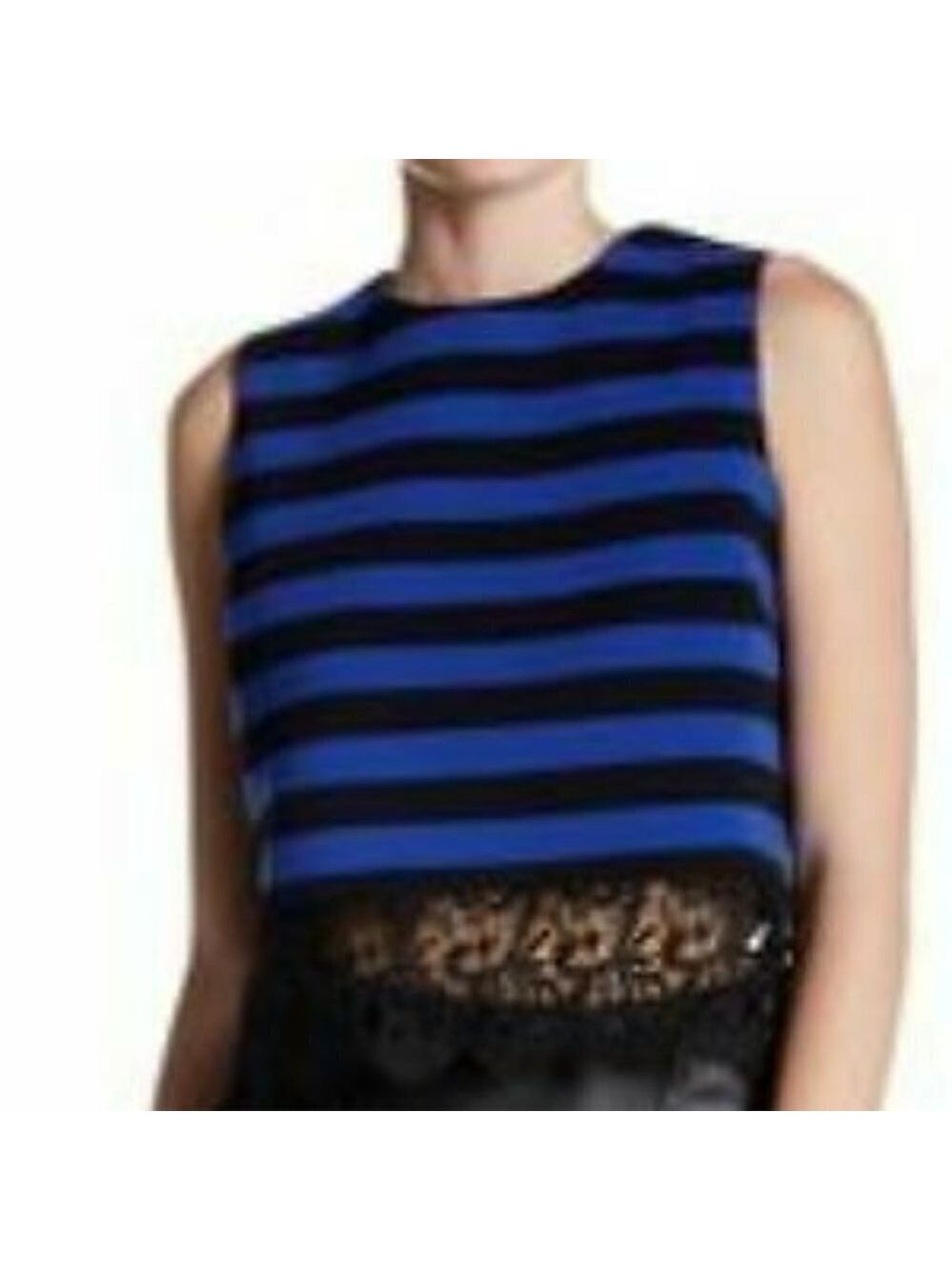 English Factory Blue and Black Lace Hem Crop Top